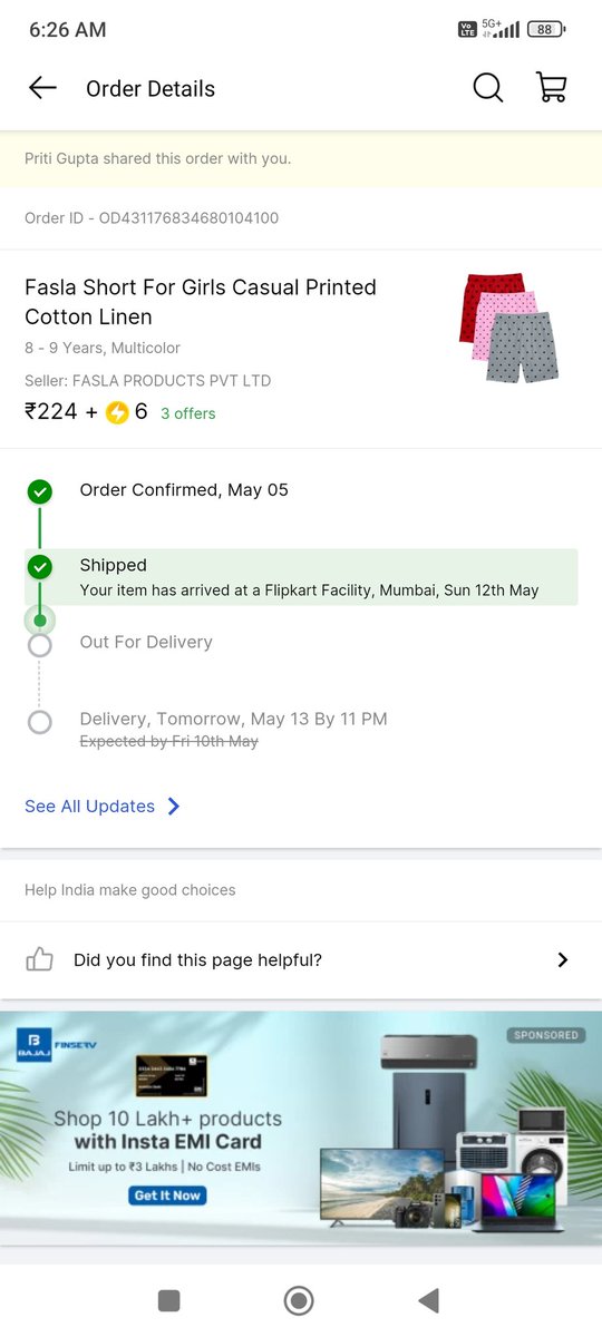 @ekartlogistics @flipkartsupport @Flipkart Why delivery got extended? If you will check tracking details, the product is getting to and fro from the same location for 4 days.really fraud and fake service. Never expected such a kind of delayed date  Order ID - OD431176834680104100