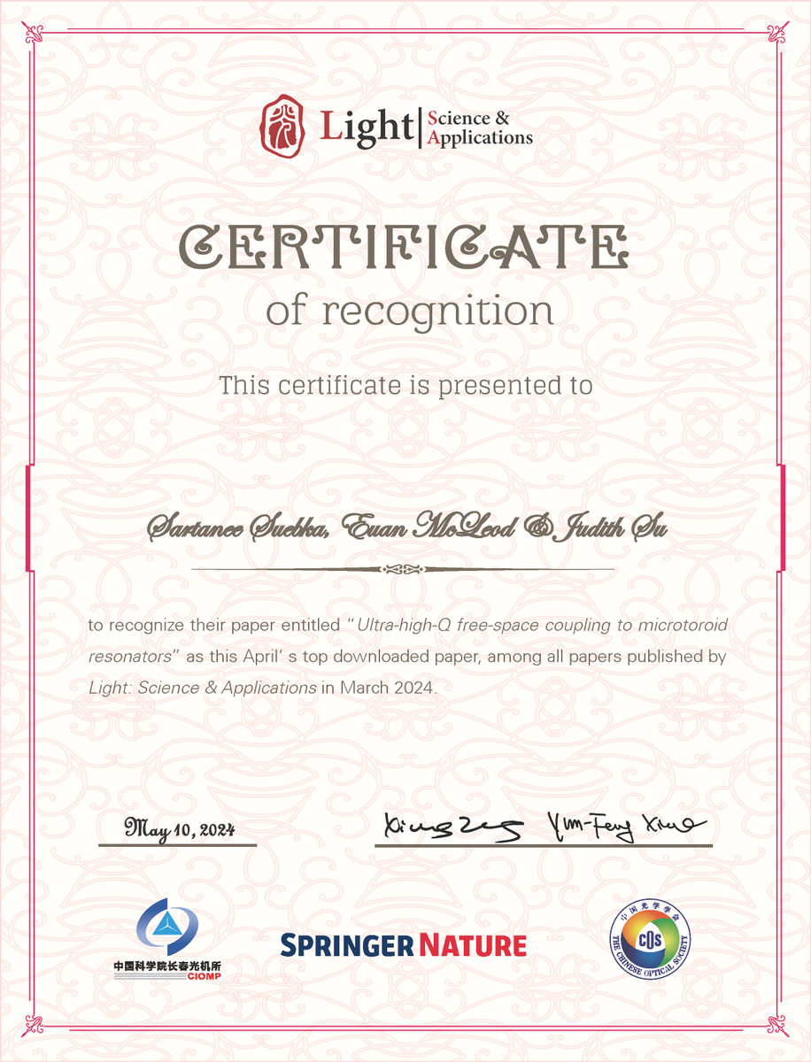 Our paper entitled "Ultra-high-Q free-space coupling to microtoroid resonators (nature.com/articles/s4137………) was selected by <a href="/LightSciAppl/">LightSciAppl</a> as the Top Downloaded Paper in April 2024. Thanks to <a href="/doddtra/">Defense Threat Reduction Agency</a> for its sponsorship &amp; support. <a href="/UAZOpticalSci/">The U of A Wyant College of Optical Sciences</a> @UArizonaBME <a href="/UAZBIO5/">BIO5 Institute</a> <a href="/UAZCancer/">University of Arizona Cancer Center</a>