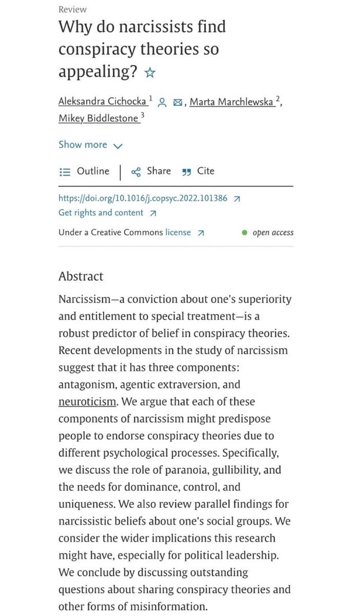 Narcissism is a robust predictor of belief in conspiracy theories. sciencedirect.com/science/articl…