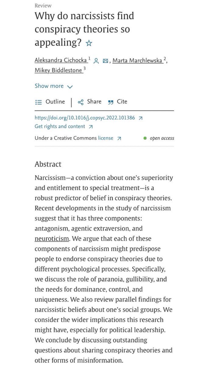 Narcissism is a robust predictor of belief in conspiracy theories. 

sciencedirect.com/science/articl…