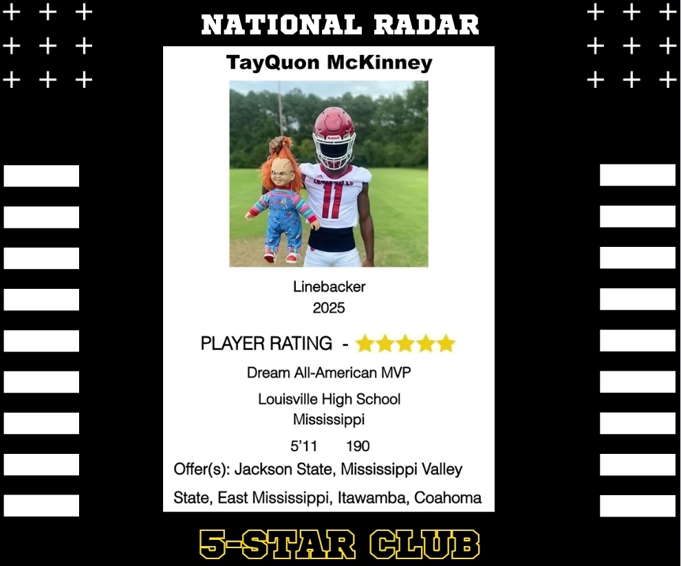 TayQuon McKinney: National Radar 5-Star Athlete TayQuon McKinney, a dynamic linebacker from Louisville High School in Mississippi, has achieved a significant milestone by being recognized as a National Radar 5-Star Athlete... Click to read more @TayQuonM