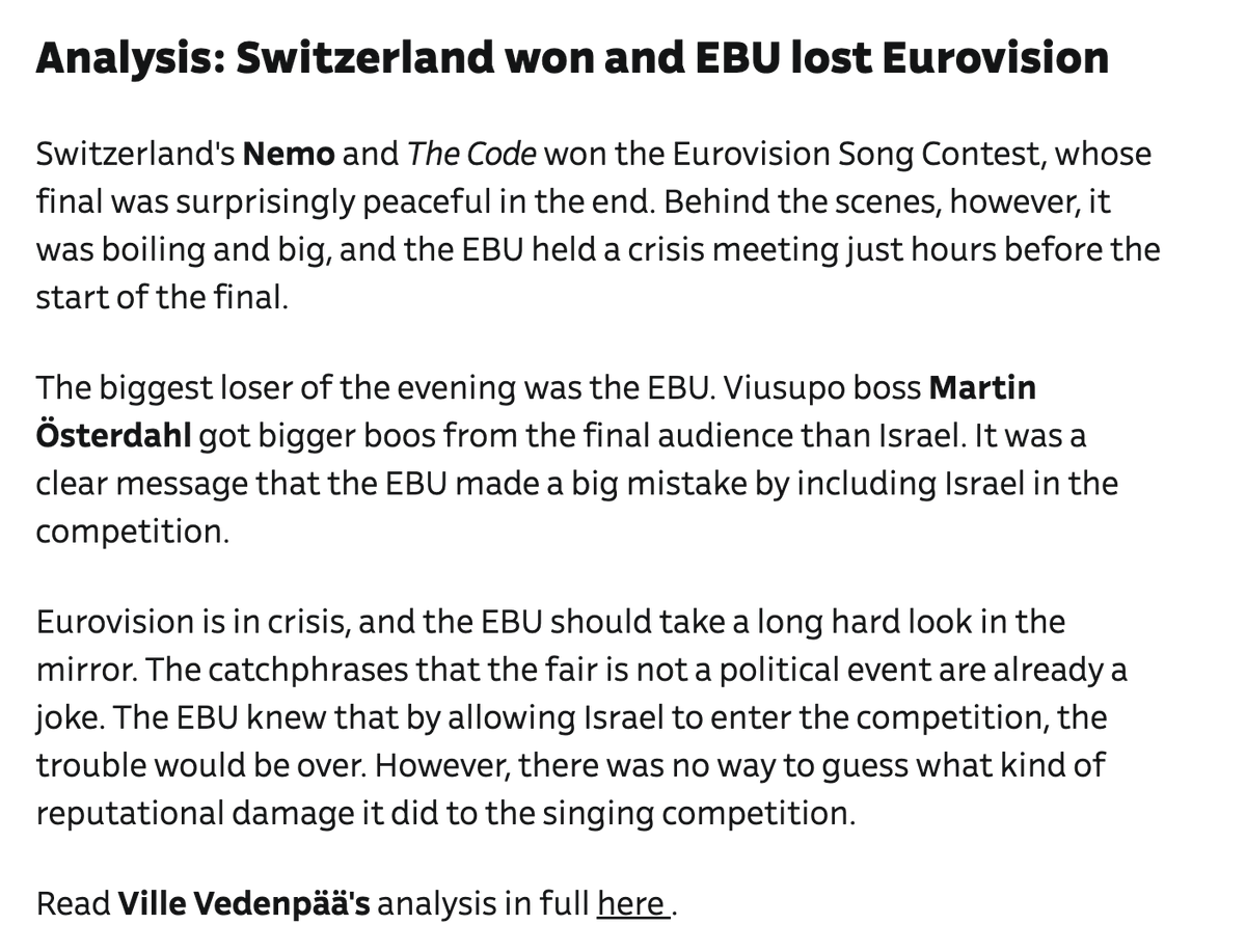 YLE News | Analysis: Switzerland won and EBU lost Eurovision