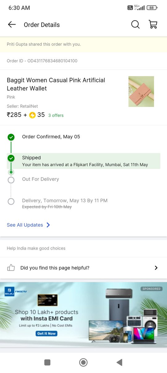 @ekartlogistics @Flipkart @flipkartsupport 
Why delivery got extended? If you will check tracking details, the product is getting to and fro from the same location for 4 days.really fraud and fake service. Never expected such a kind of delayed date Order ID OD431176834680104100