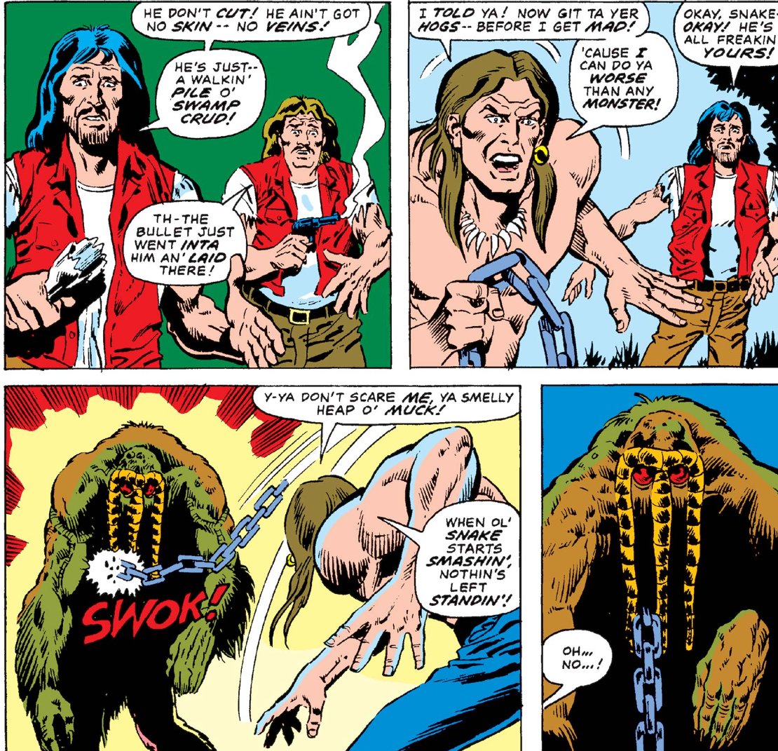 #MarvelADay #ManThing2
With imagined wing our swift scene flies in motion of no less celerity than that of thought...to the Man-Thing stumbling onto a bunch of greasers who immediately tr and fail, to kill him.
JH