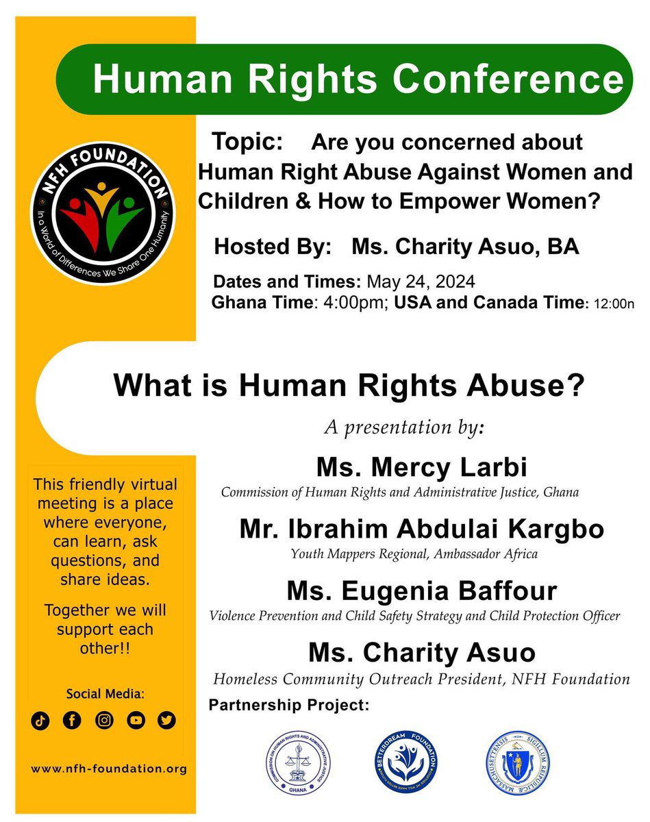 NFH Foundation will be hosting a dialogue on Human Rights Abuses against Women and Children. Join us on May 24th, 2024 for a meaningful discussion. ✨

Register now and be part of the movement!

forms.gle/w4UBWNMoQQmsip…

#InclusiveEmpowerment
#communitysupport 
#EmpowermentForAl