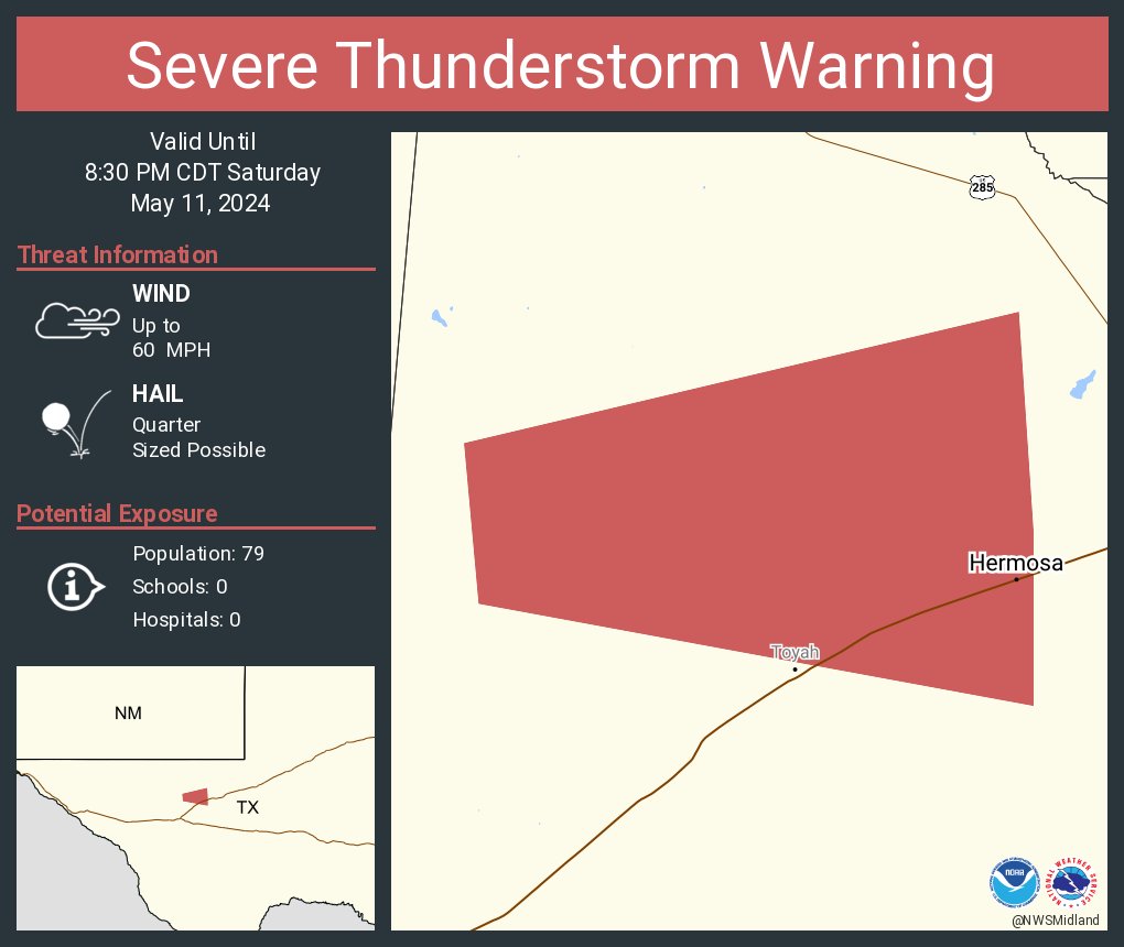 Severe Thunderstorm Warning continues for Hermosa TX until 8:30 PM CDT