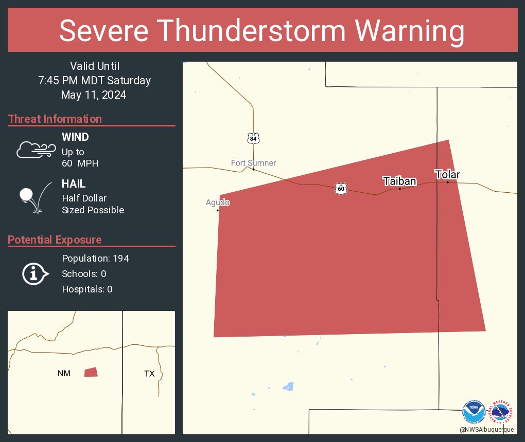 Severe Thunderstorm Warning continues for Tolar NM and Taiban NM until 7:45 PM MDT