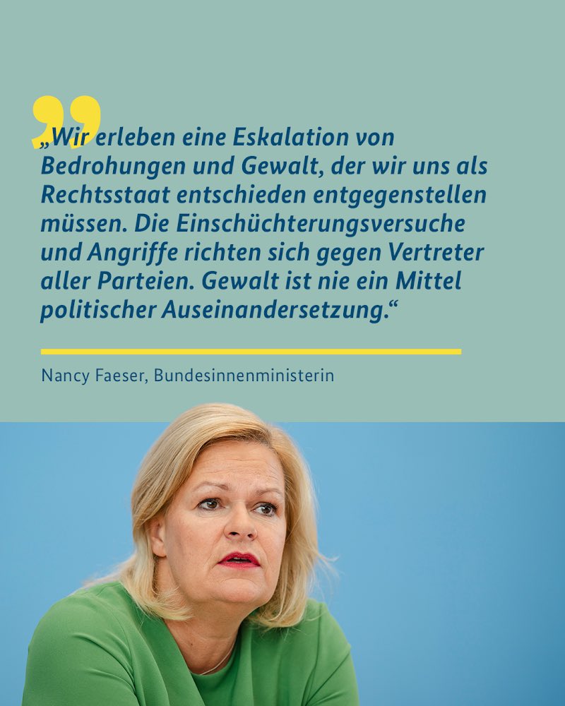 Vertreterinnen und Vertreter aller Parteien werden derzeit vermehrt bedroht oder sind Gewalt ausgesetzt. Innenministerin @NancyFaeser sagte gegenüber @WELTAMSONNTAG, dass der Bund die Länder mit der Bundespolizei an anderen Stellen weiter stark entlasten wird und betonte: