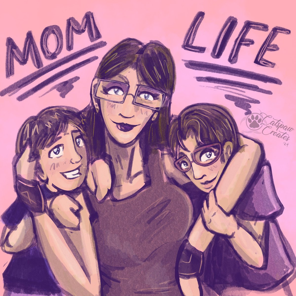 Happy Mother’s Day to all the Mom’s of human and non-human kiddos!
Here is a rare piece of art, I hardly ever draw my kids. Mom life is hard, but I love them so. 
#catspawart