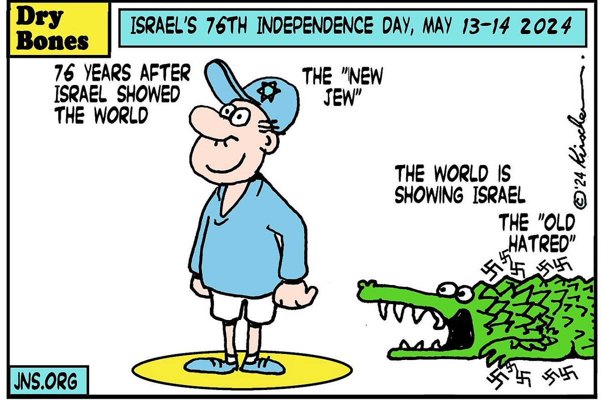 76 years after Israel showed the world the 'new Jew', the world is showing Israel the 'old hatred'. Brilliant cartoon by the amazing @drybonescartoon, ahead of Yom Ha'atzmaut, Independence Day!