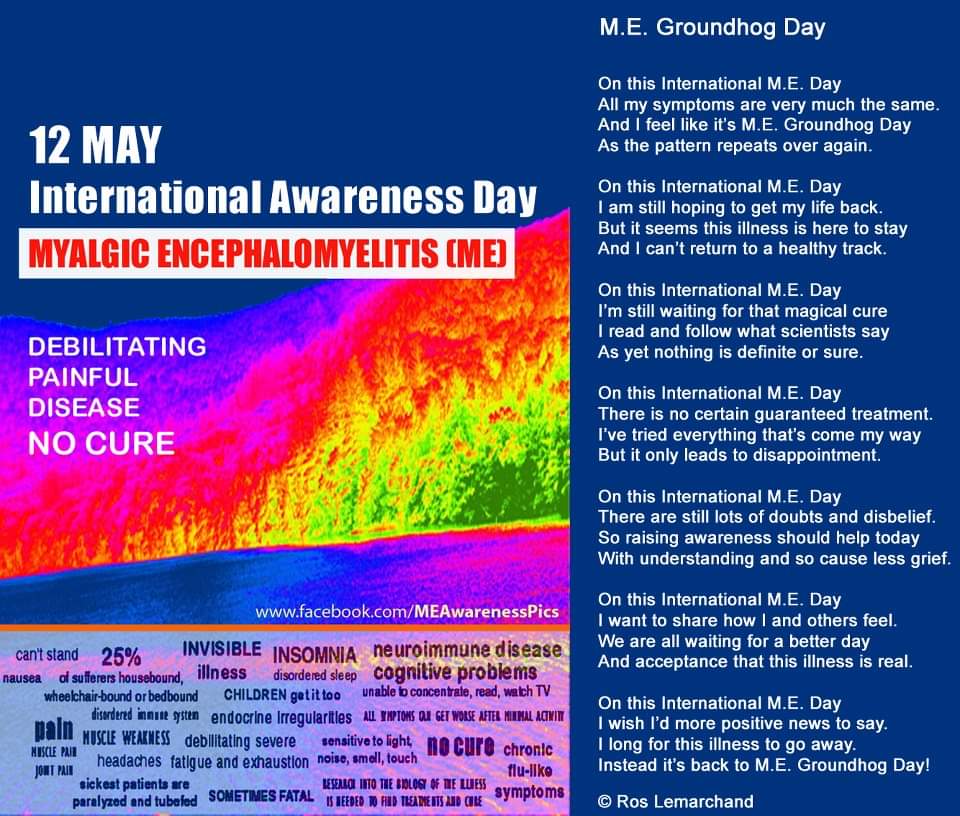 Please feel free to share my poem 'M.E. Groundhog Day'

#MyalgicEncephalomyelitis #MEAwareness #MEawarenessmonth #MEAwarenessWeek #MillionsMissing #pwME #SevereME #VerySevereME #meinternationalawarenessday #WritingCommunity