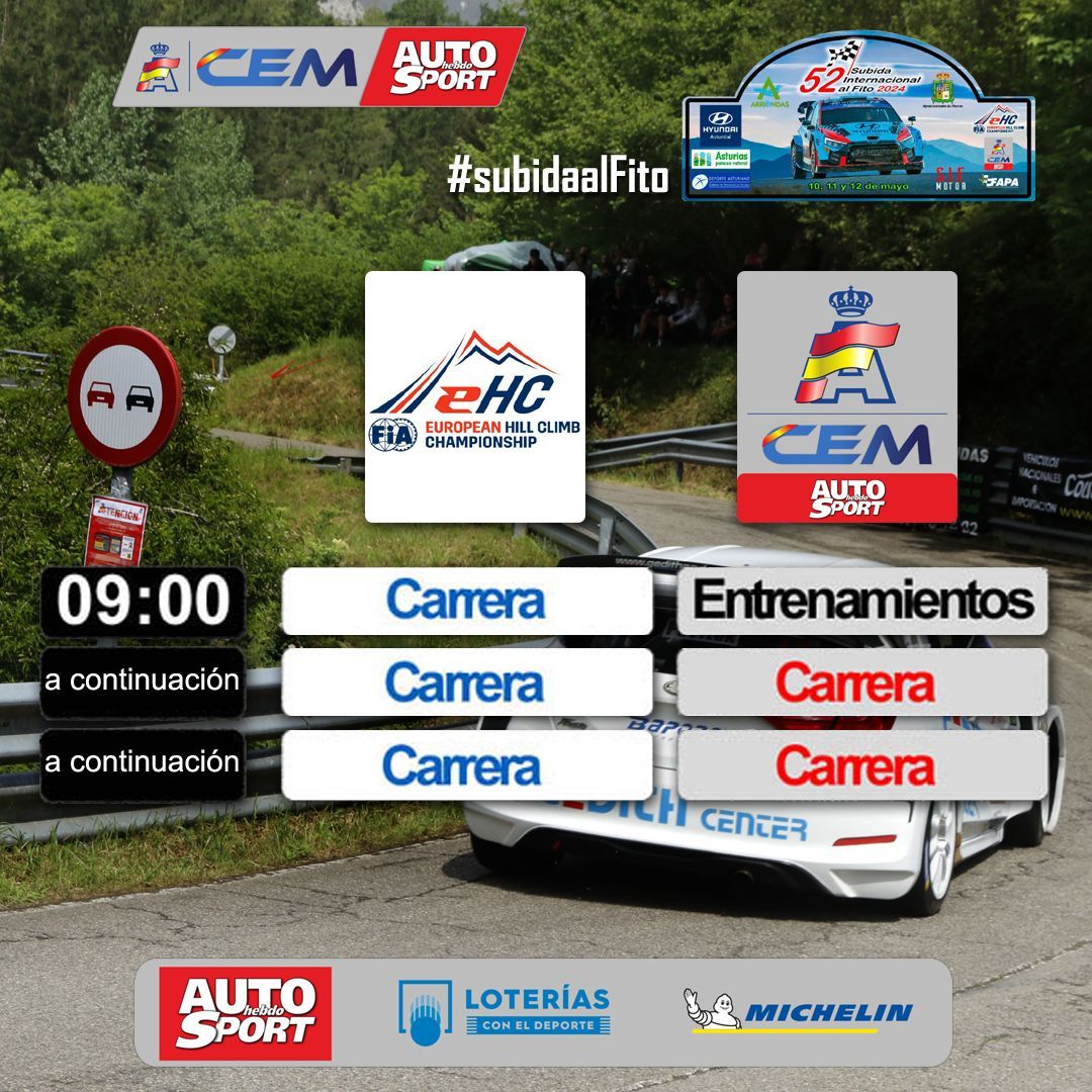 Horarios de la jornada del domingo en la #subidaalFito, segunda prueba del #EHCC y primera del #CEMAUTOHEBDO 2024
⏱️ Tiempos 👉 tiemposonline.com/online/hillcli… 
📺 Streaming 👉 cem.rfeda.es/streaming
📻 Radio 👉 cem.rfeda.es/radio