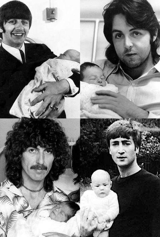 the Beatles with their newborns