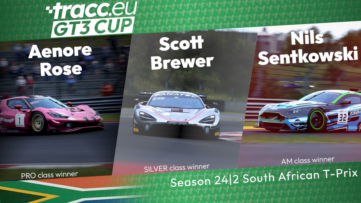 Your South African T-Prix winners! Aenore Rose won the Pro class after overcoming a lap 1 shunt. Scott Brewer won in Silver after a solid performance and @NSentkowski gave the @AMR_Official V12 Vantage its first win in #traccGT3 in AM! Congrats to the winners, Valencia is up next
