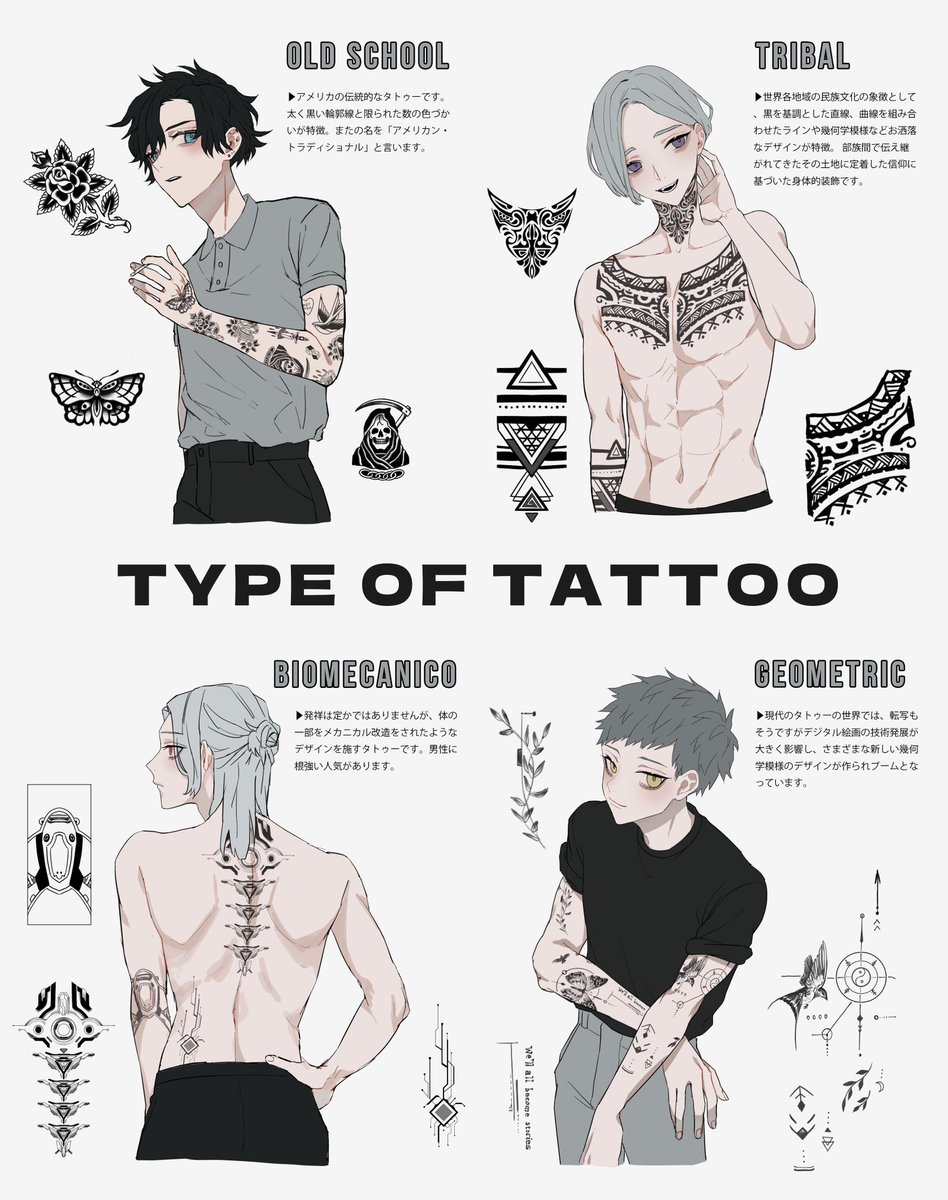 ✦TYPE OF TATTOO ✦
タトゥーの種類を4選まとめてみました!

#創作男子 #イラスト #illustlation