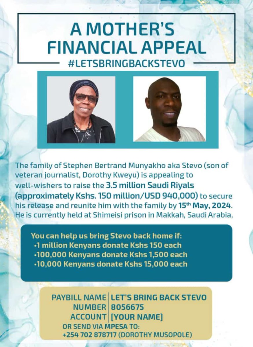 I am a mother. My life's fulfillment is to hear and see my children. Our mom Dorothy longs for her son Steve to come back home. Let's extend this same love to our mom, with just on 150/- to Paybill  8056675 A/C (Your Name) or MPESA 0702878717 (Dorothy Musopole #HappyMothersDay
