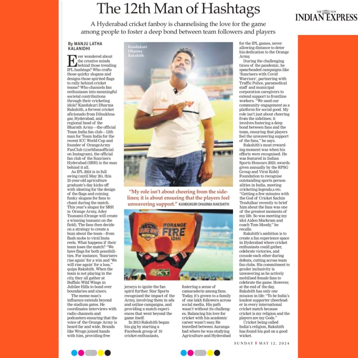 The New Indian Express News paper article on our Orangearmy Fan Club founder. @Rakshithsrh 🧡🔥 #IPL2024