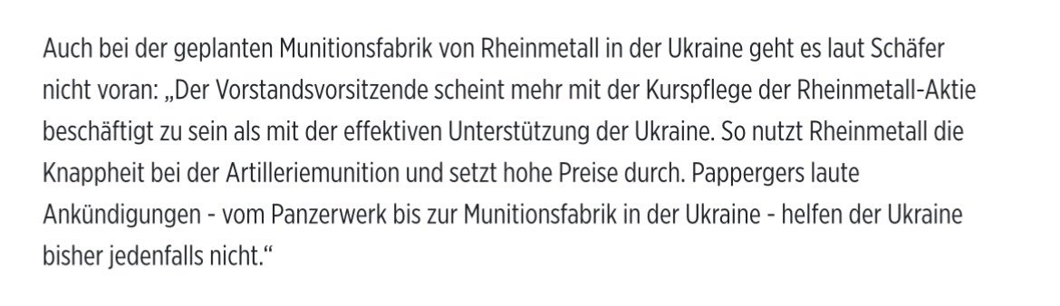 „Der Vorstandsvorsitzende scheint mehr mit der Kurspflege der Rheinmetall-Aktie beschäftigt zu sein als mit der effektiven Unterstützung der Ukraine“.
