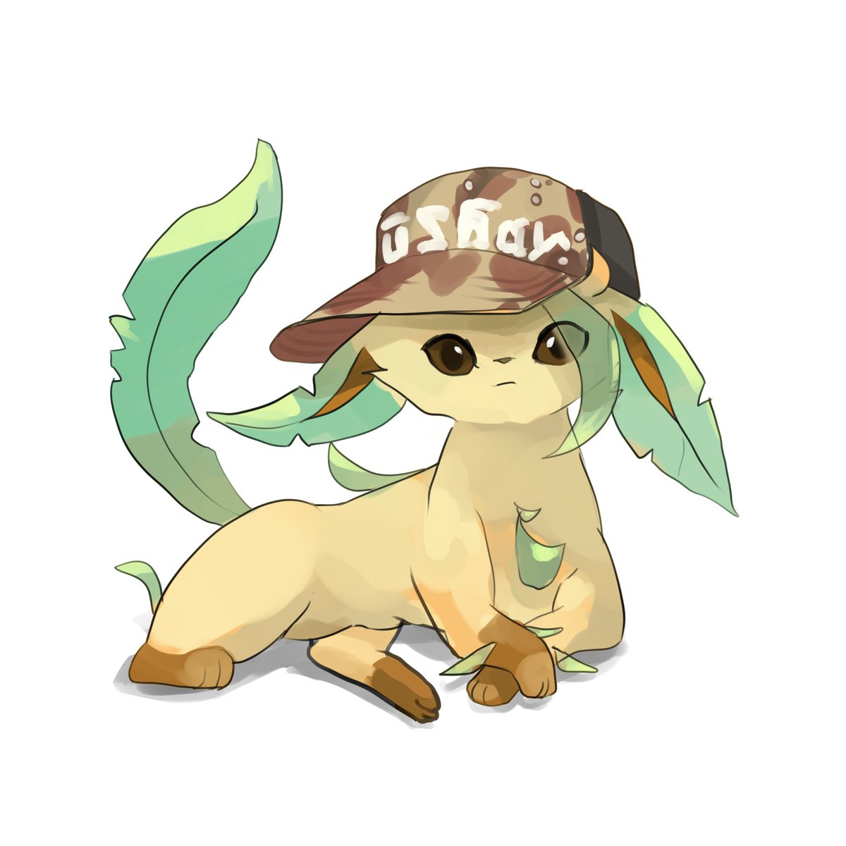 leafeon solo looking at viewer simple background white background hat closed mouth brown eyes  illustration images
