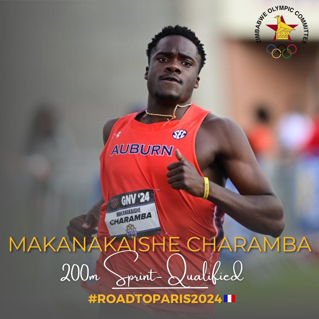 Join us in celebrating Makanakaishe Charamba, the 5th athlete to secure a spot on Team Zim for the Paris 2024 Olympics with an incredible 200m time of 20.00s at the SEC Outdoor Championships in Florida! 🇿🇼🏅 #TeamZim #Paris2024 #ZimOlympics