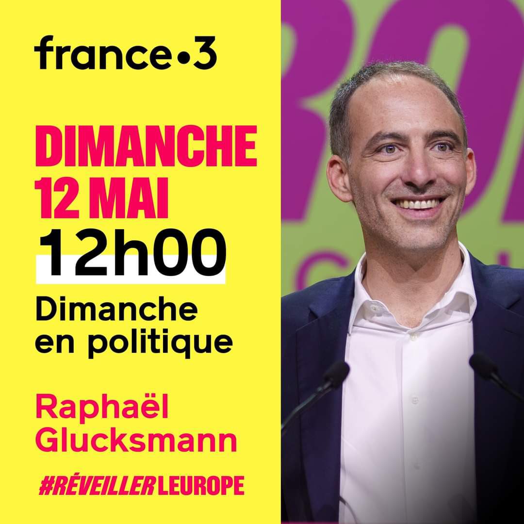 Retrouvez Raphaël Glucksmann, coprésident de @placepublique_ et tête de liste @placepublique_ @partisocialiste à 12h, sur France 3, dans Dimanche en politique. 

#ReveillerLEurope 
#Europeennes2024 #9juin