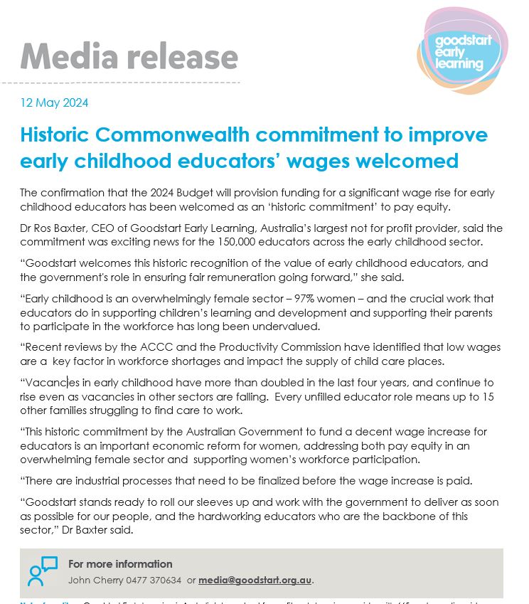 Its official! Treasurer @JEChalmers has confirmed that the 2024 Budget will include provision for funding a much deserved wage increase for early childhood educators. @goodstartel CEO @RosBaxter says this is great news for a sector facing workforce shortages because of low pay.