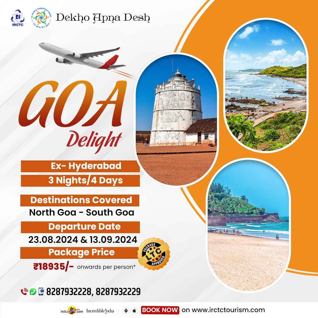 Escape the daily hustle with the #Goa Delight (SHA03) tours scheduled for 23.08.2024 & 13.09.2024 from #Hyderabad. Book now on tinyurl.com/SHA033N4D #DekhoApnaDesh #Travel #Booking #tour #vacations #holidays