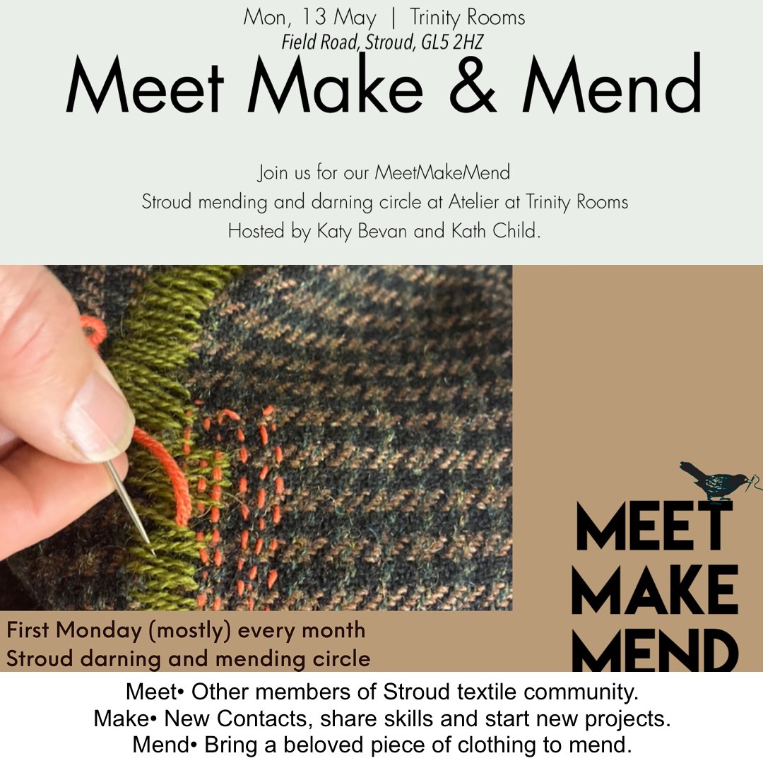 Monday meet make mend back at our hub in #Stroud tomorrow (13th May)! Bring clothes to mend with any sewing bits & bobs. There will be people on hand to help, offer guidance, advice, & provide extra resources (needles, yarn, thread, fabric scraps). Book: stroudtrinityrooms.org/event-details-…