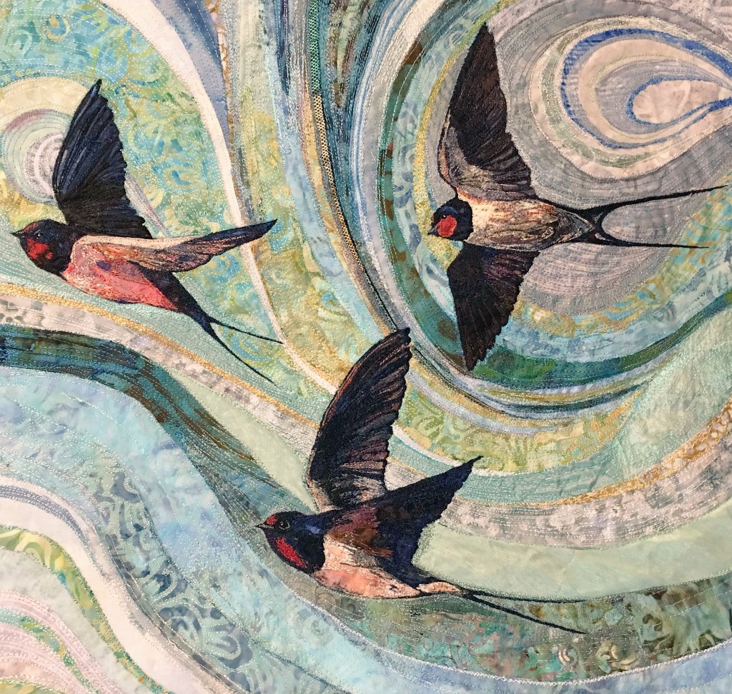 'A swoop of swallows' by UK textile artist Rachel Wright, machine embroidered on calico with various fabrics #WomensArt #Summer