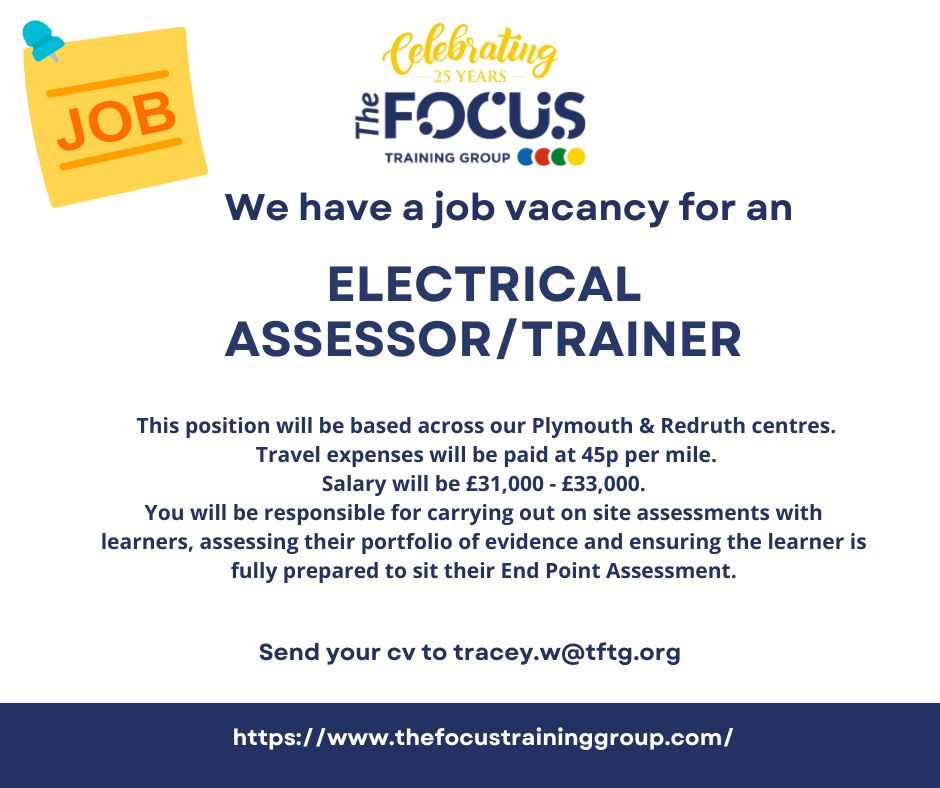 Join our team as an Electrical Assessor/Trainer 👀 We're on the lookout for someone passionate about guiding learners through the 5357 Installation Electrician Level 3 Standard in Redruth and Plymouth. Send your CV to tracey.w@tftg.org