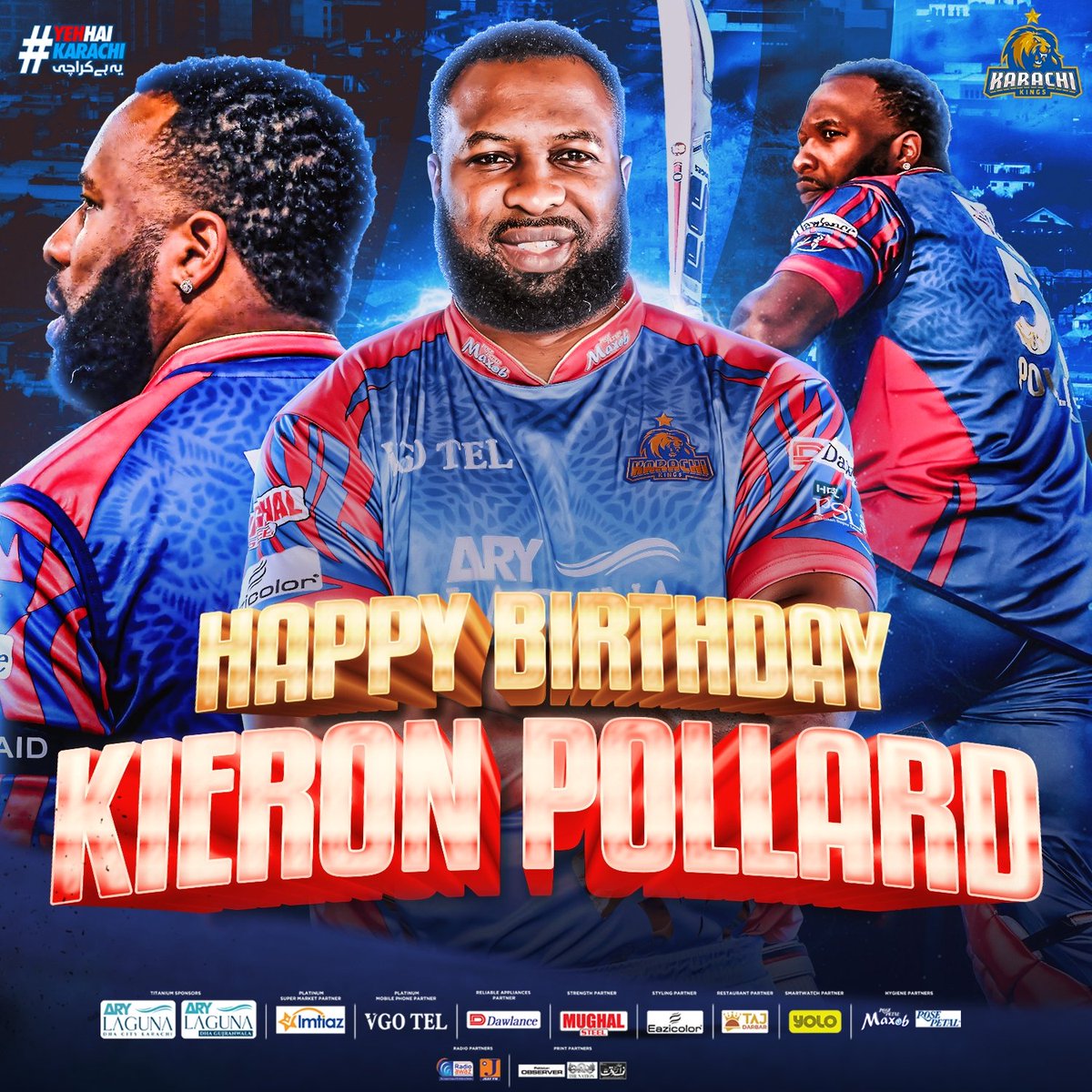 Happy Birthday to The Powerhouse of #KingsSquad, Kieron Pollard! Here's to another year of smashing boundaries and towering sixes! 💥👑 Join us in sending love and best wishes to Polly on his special day! 🎊👏 #YehHaiKarachi | #KarachiKings