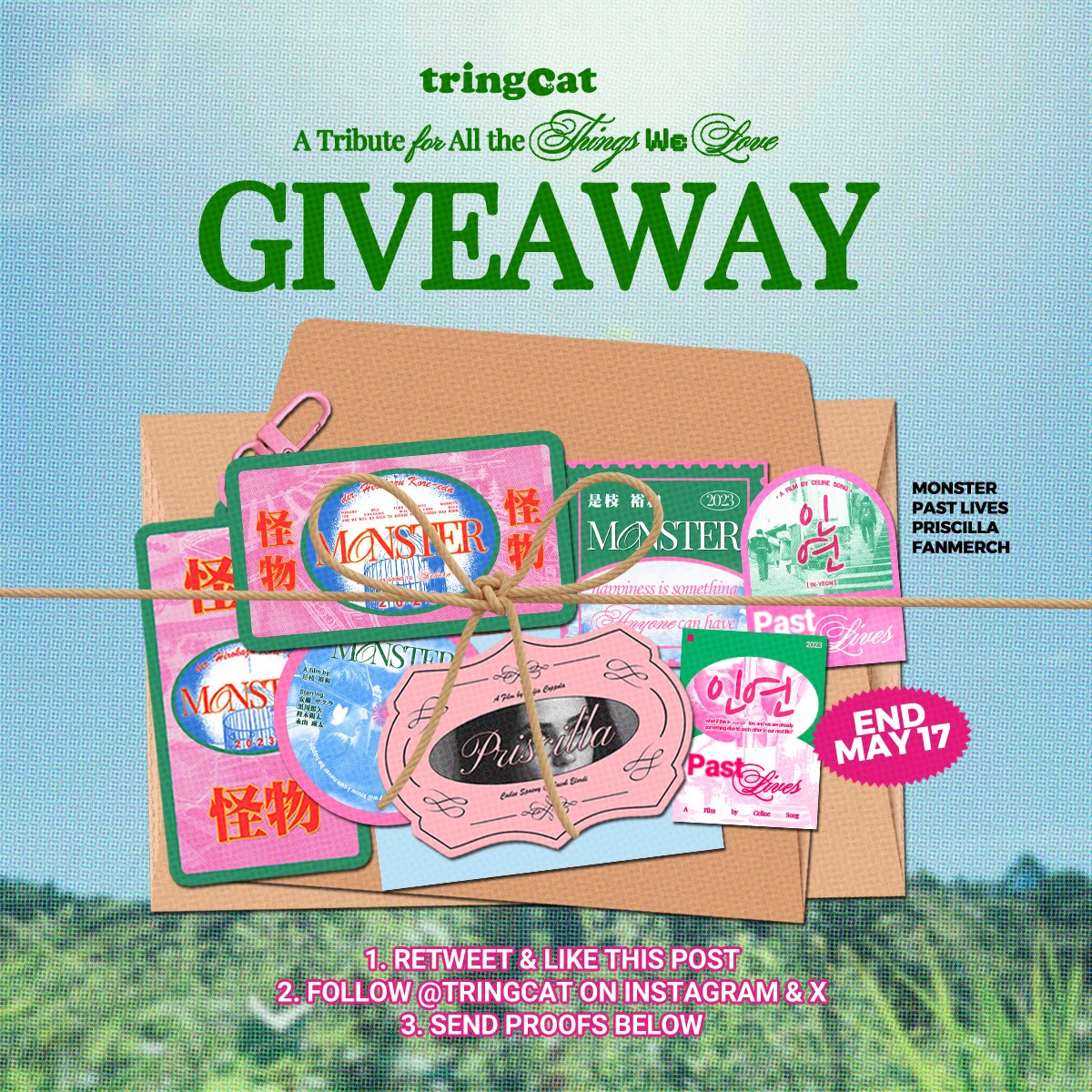 GIVEAWAY ALERT 🎬

the winner will receive monster, past lives, and priscilla fanmerch [keychain + stickers]

how to join:
- rt & like this post
- follow @tringcat on instagram & x (twt)
- send proofs below

end on may 17 @ 3 pm
🇮🇩 only

good luck 💚💫