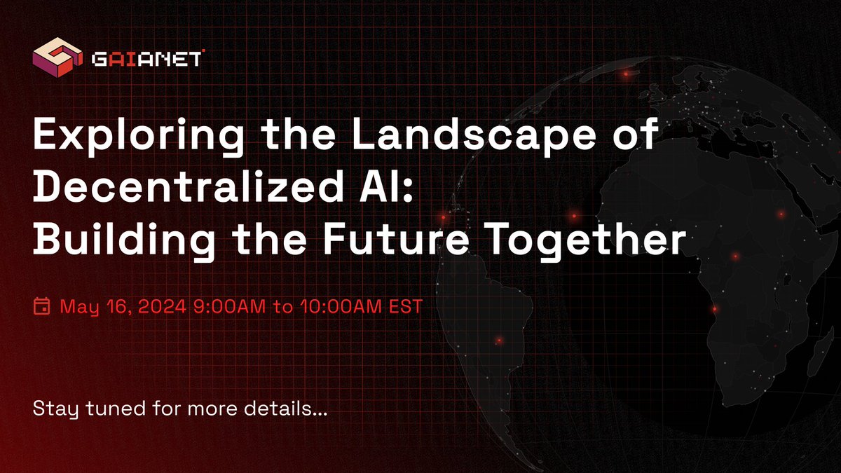 Gaianet_AI's tweet image. Excited to announce that our CEO Matt Wright @mateo_ventures will be on the Spaces for an AMA with two other industry leaders to discuss the future of #DecentralizedAI.

🗓 May 16
⏰ 9:00AM to 10:00AM EST (9:00PM to 10:00PM SGT)

🔔 Set a reminder and stay tuned for details!