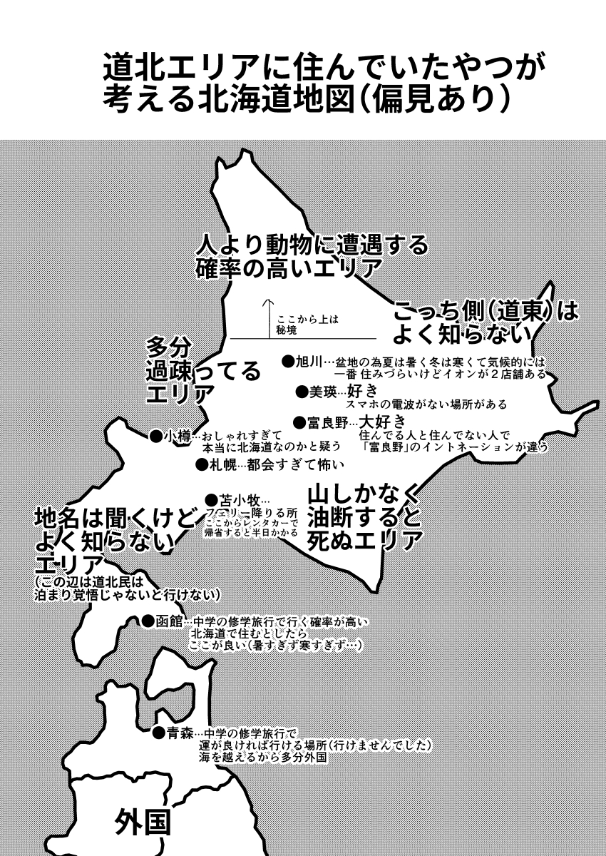 道北エリアに住んでいたやつが考える北海道地図を書きました 