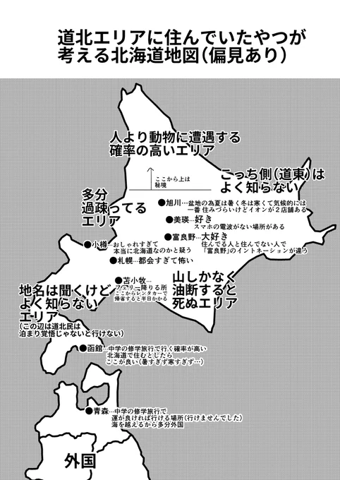 道北エリアに住んでいたやつが考える北海道地図を書きました 