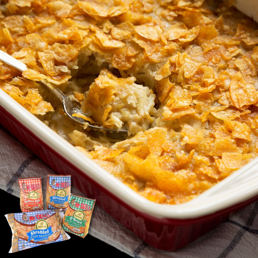 Celebrate mom with her favorite casserole, Mr. Dell's Original Potato Casserole. Get our recipe at MrDells.com. #MrDells #HashBrownCasserole #CheesyPotatoes #mothersday