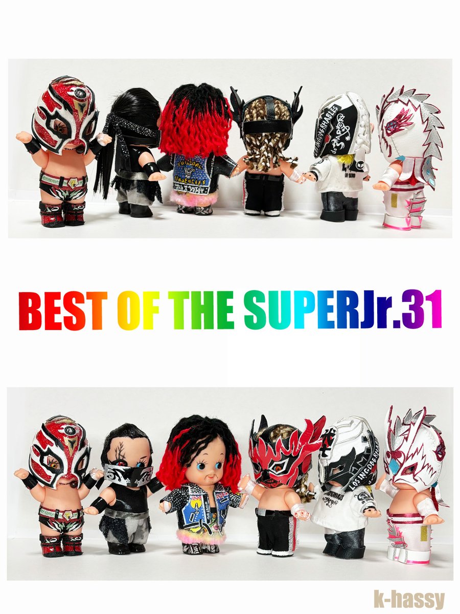 BEST OF THE SUPERJr.31 
身長１０cmの戦士たち✨
ドラゴン・ダイヤ選手はマスクマン仕様しか作ってないので昨日は載せなかったけど、やっぱり一緒に！ 

#njpw #BOSJ31 #BUSHI #高橋ヒロム #Titan #ELDesperado #DOUKI #ドラゴンダイヤ #キューピー #ハンドメイド