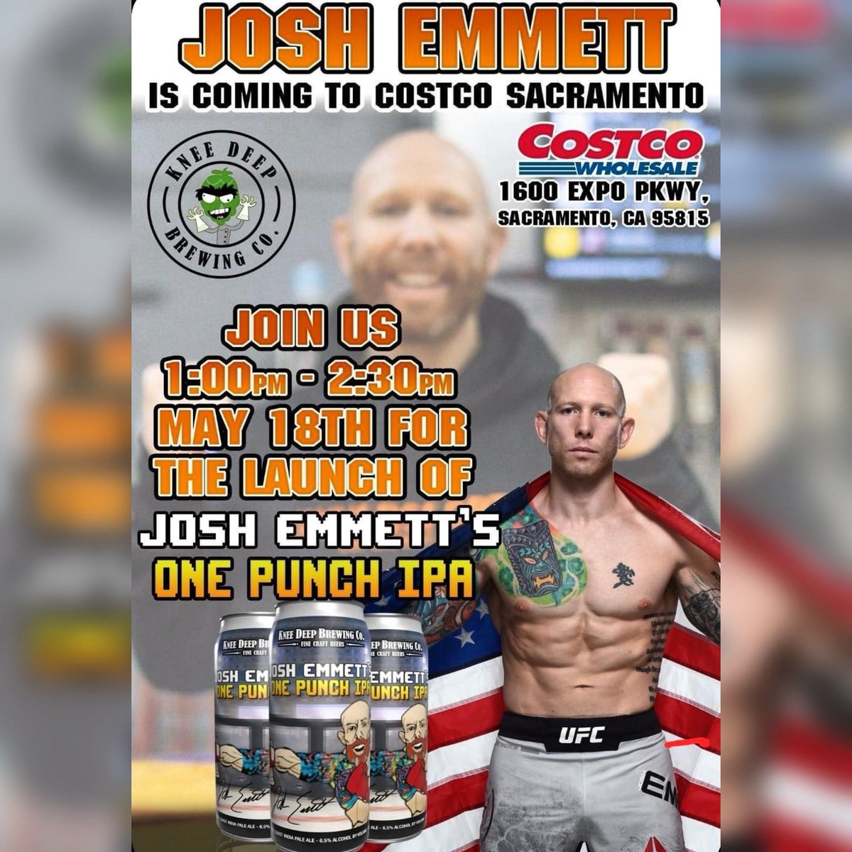 Next Saturday I’ll be at Costco Sacramento doing a meet & greet from 1:00-2:30pm. Swing by, say hi and take a case of One Punch IPA home! 🍻👊🏼 #joshemmett #onepunchipa #kneedeepbrewing #craftbeer #costco #UFC
