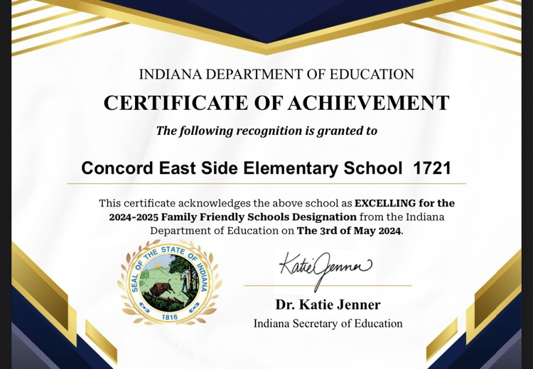 Concord_ES's tweet photo. We are proud to announce that Concord East Side has been recognized by the state of Indiana as a "Family Friendly School" East Side has been issued this award for 10 consecutive years! Great job to all who make our school an amazing place to be at! #LeadonEastSide https://t.co/KPhx664777