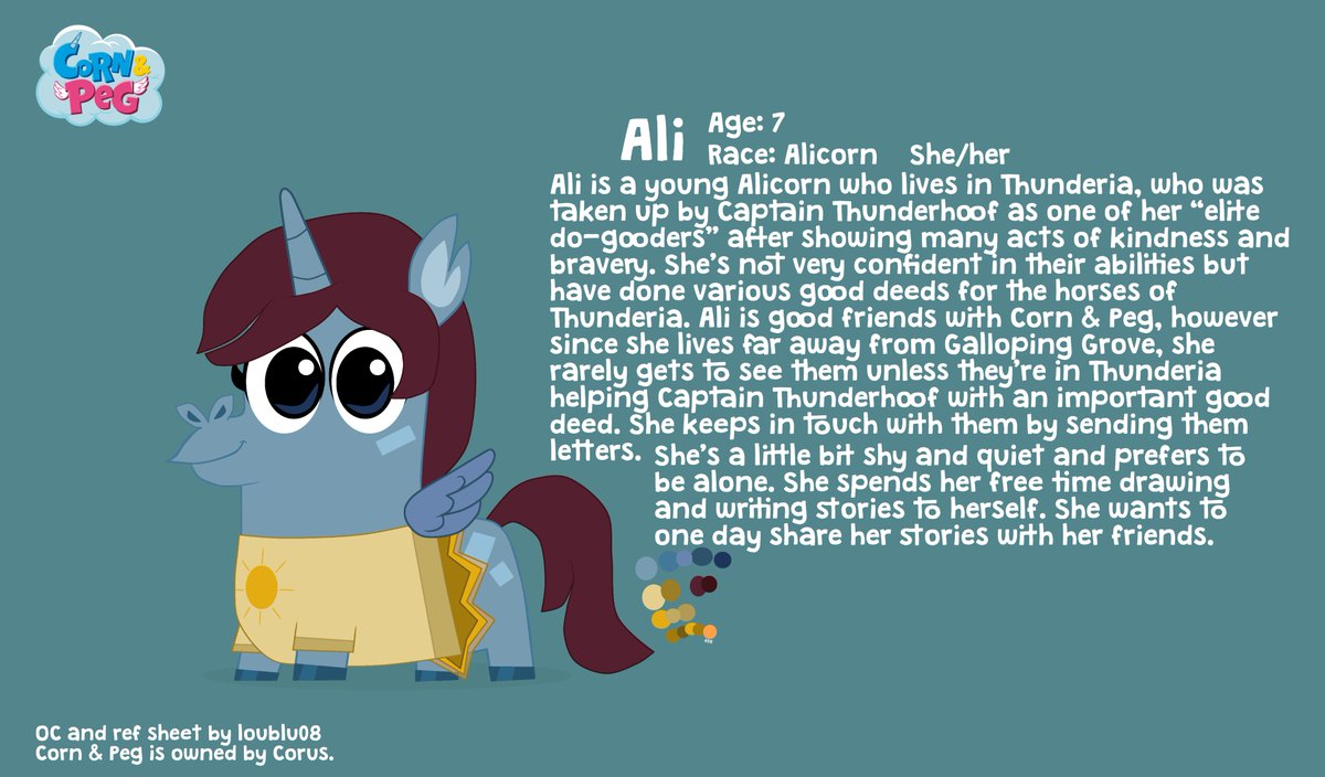 Never shared it here but I made a #CornAndPeg OC recently! Her name is Ali and she’s kinda sorta the “missing link” to them, as an alicorn. 
#Nickelodeon #NickJr #TreehouseTV #LouBluArt