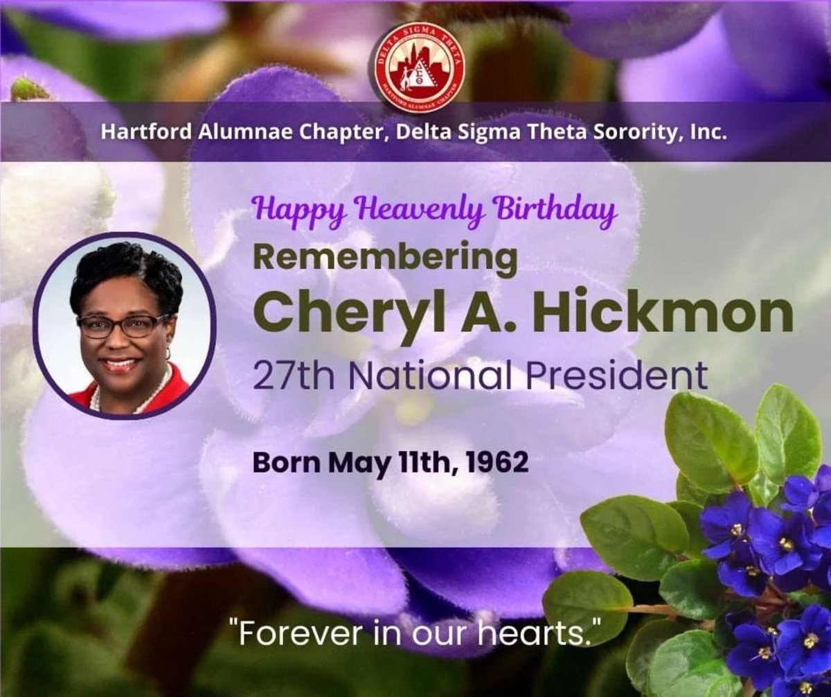 The Hartford Alumnae Chapter of Delta Sigma Theta Sorority, Incorporated honors the memory of our beloved Cheryl A. Hickmon, 27th National President of Delta Sigma Theta and Hartford's own. 

We especially remember…her today ay which would have been her 62nd birthday.
