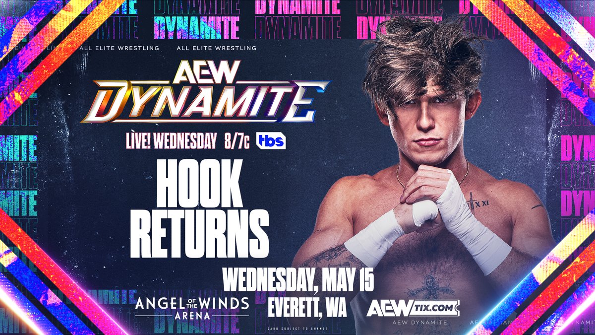 #AEWDynamite THIS WEDNESDAY! Everett, WA | LIVE 8pm ET/7pm CT on TBS HOOK RETURNS! The Cold-Hearted, Handsome Devil @730HOOK is looking to chop down 'The Learning Tree' @IAmJericho when he returns to Dynamite THIS WEDNESDAY!