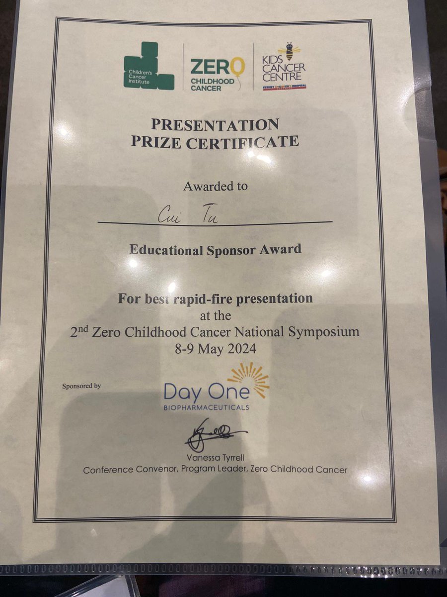 Congratulation to our group’s stellar PhD student @CuiTu4 for getting the prize for best rapid fire presentation at the Zero Childhood Cancer National Symposium this week! Watch this space, our soon to come publication will interest many in the field of neuroblastoma/immunology!