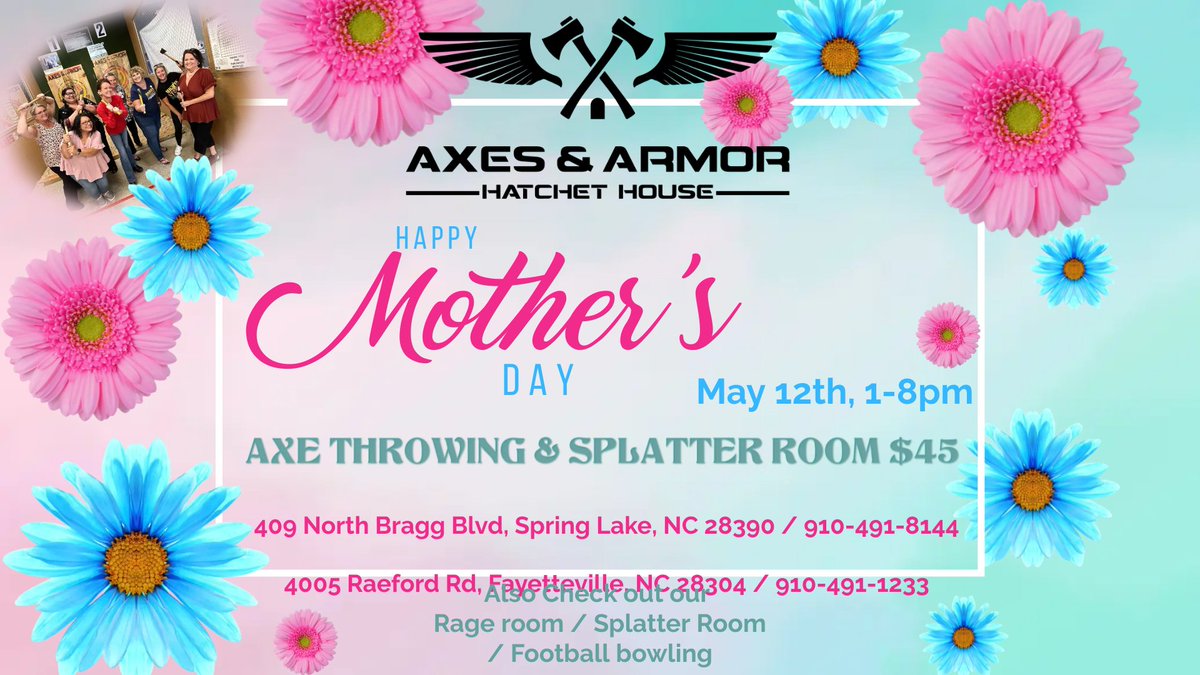 Shoutout to all the hardworking mothers out there 🤍 Come celebrate at the Hatchet House! 🪓 

#axesandarmor #faync #fay #fayettevillenc #springlakenc #raefordnc #ftbragg #fortbragg #ftliberty #fortliberty #axethrowing #pool #poolleague #ladiesnight #kidsnight #axe