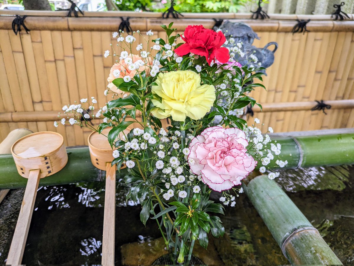 高槻市の野見神社へ

花手水はカーネーションでいっぱい☺️

テーマはやっぱり「母の日」
白、赤、ピンクで綺麗に飾られていて素敵な感じ✨

お母さんに贈り物をしてる方も多いと思いますが、私のとこは３人兄弟で順番に贈るということになっていて今年はお休みです