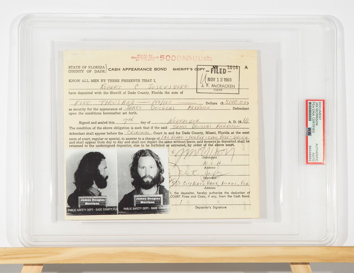 $75,330: Winning bid, including buyer's premium, at @iconicauctions tonight for Jim Morrison's signed bail bond for his 1969 Miami concert arrest.