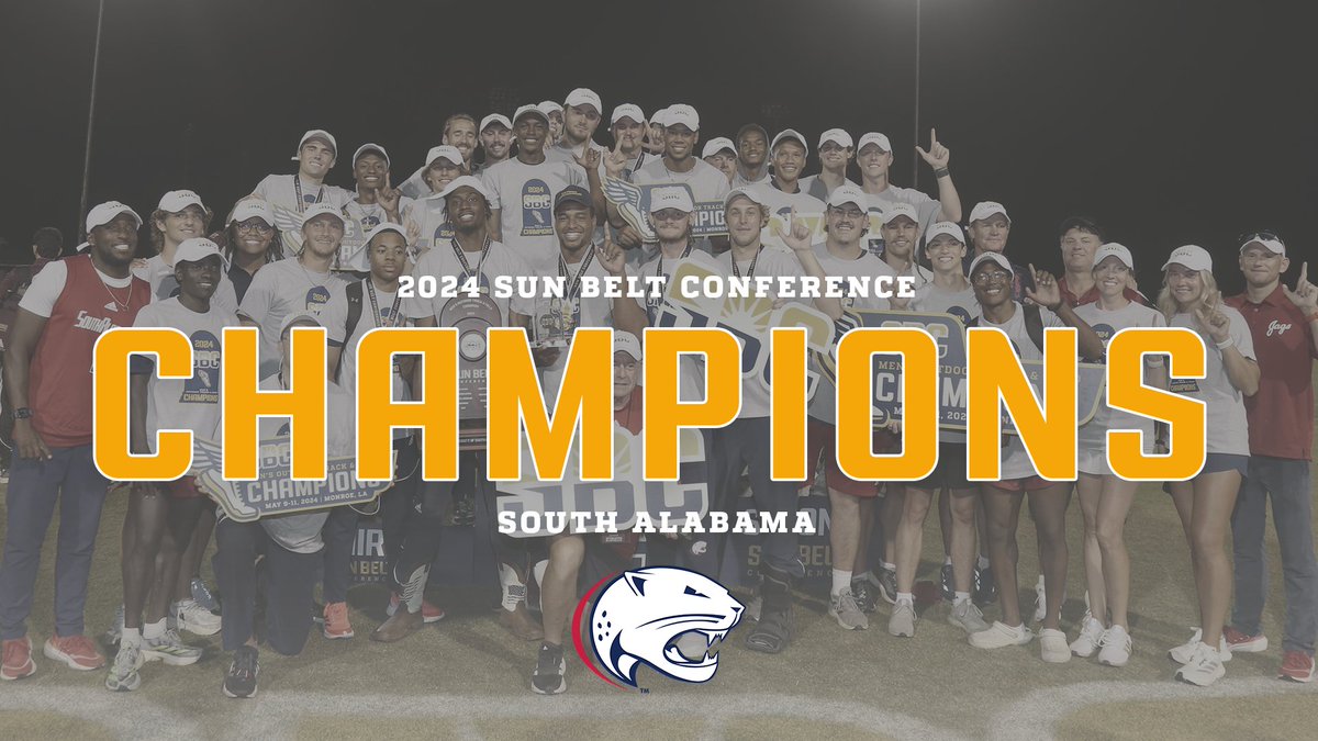 SunBelt's tweet photo. 𝗝𝗔𝗚𝗨𝗔𝗥 𝗝𝗨𝗕𝗜𝗟𝗔𝗧𝗜𝗢𝗡.

The men’s @SouthAlabamaTXC team captured its second ever #SunBeltTF Outdoor Championships title with 143 team points. ☀️👟 https://t.co/Hmpw9ll2En
