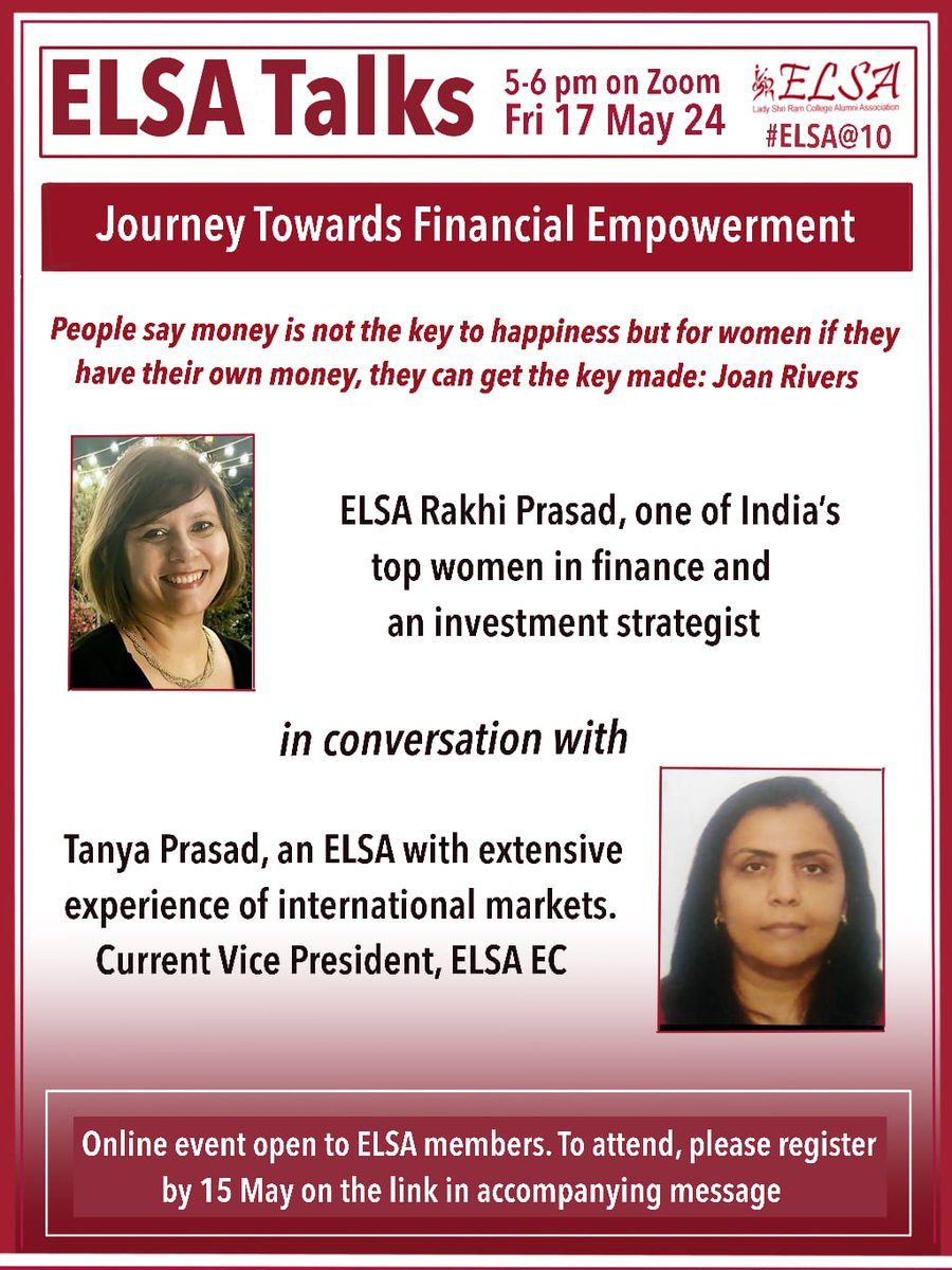 LSR_Alumni's tweet photo. ELSA completes 10 years in 2024. To kick off the celebrations, ELSA EC invites you to the ELSA Talks series, where we invite our distinguished alumna to share learnings from their sphere of expertise.
 
Please register at -
 https://t.co/MePPuzjGAl
 
 ELSA EC 2023-25
 #ELSA@10 https://t.co/bU4FAys4Yw
