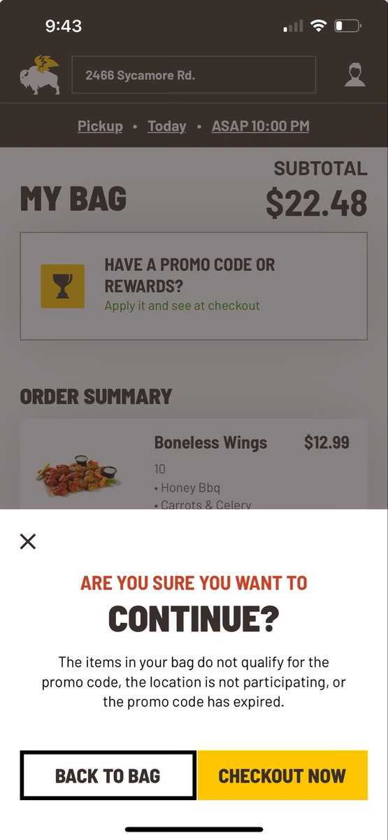 JohnJCarlson's tweet photo. @BWWings What am I doing wrong? (Dekalb IL location.) Have met the $10 minimum. Won't apply the deal. https://t.co/VnyEJimUj0