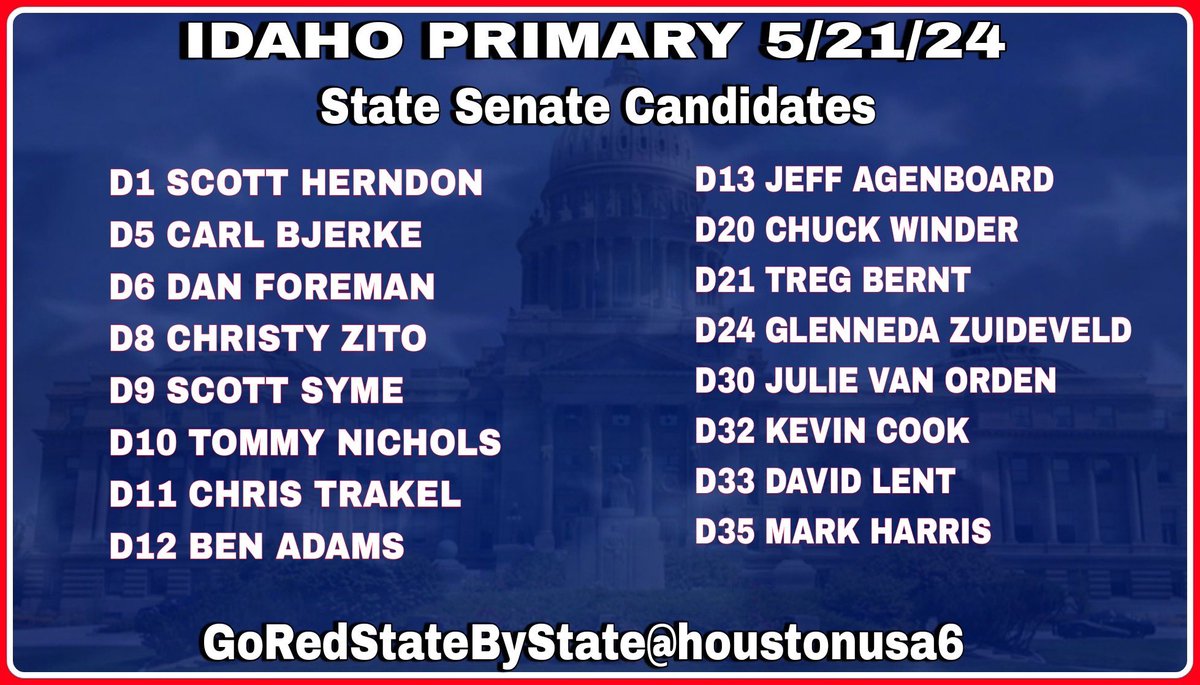 Idaho Primary 5/21/24
State Senate Candidates 
#GoRedStateByState